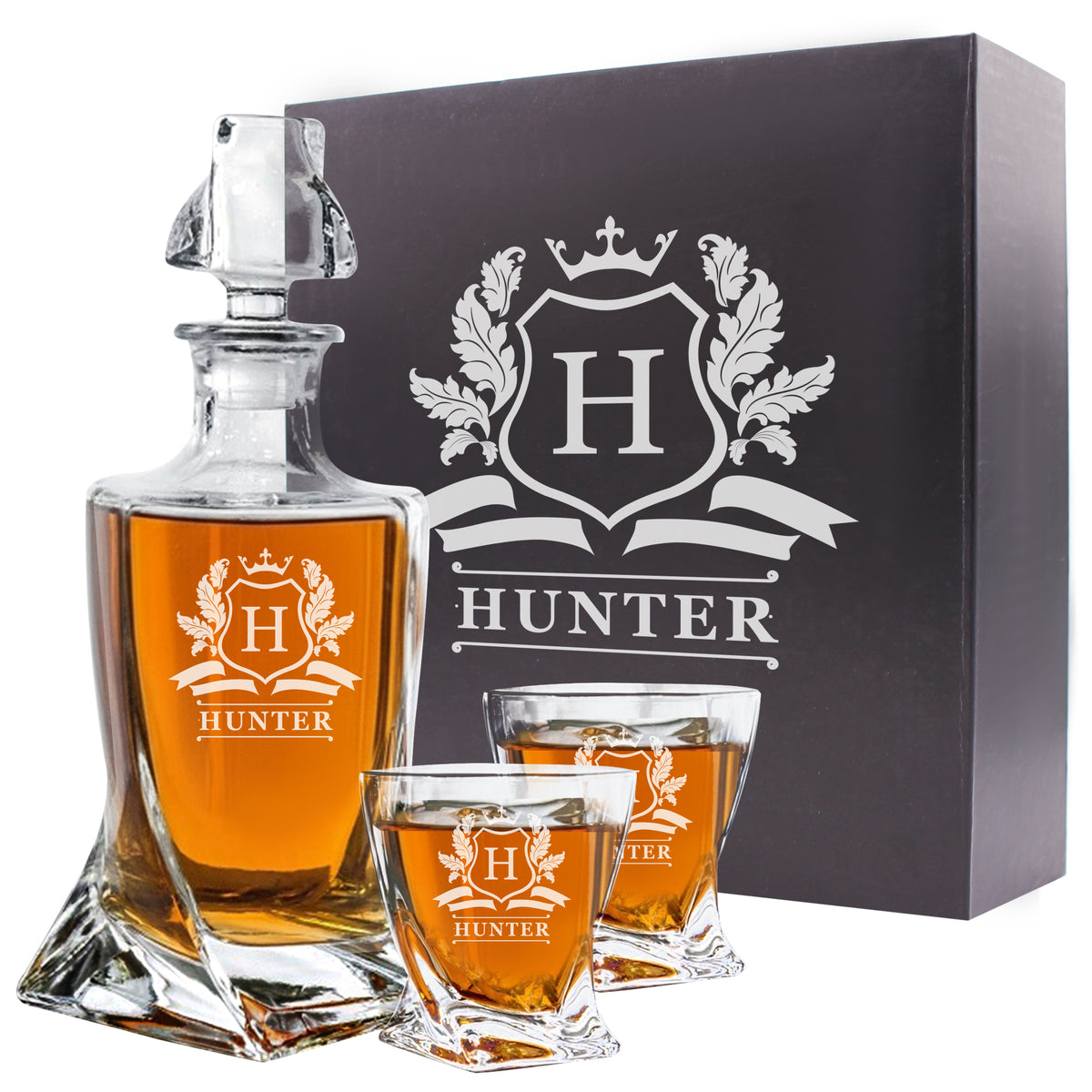 Custom Personalized Twisted Bourbon Whiskey Decanter and Glasses Set - Engraved with any Name