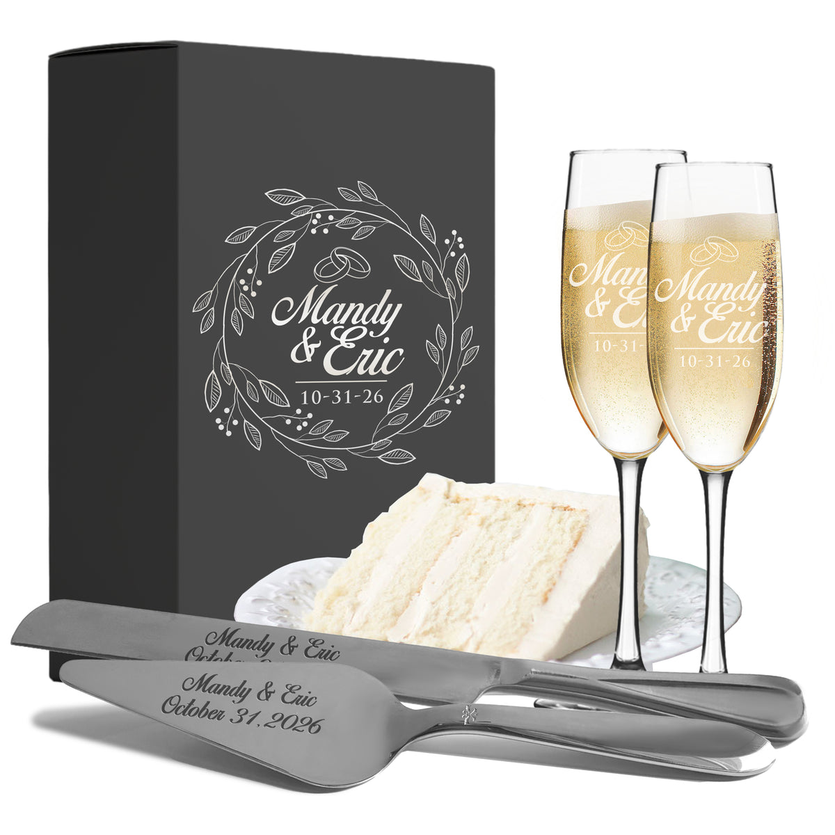Personalized Engraved Cake Server Gift Set with Matching Custom Champagne Toasting Flutes