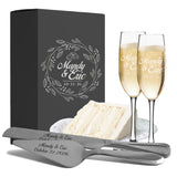Personalized Engraved Cake Server Gift Set with Matching Custom Champagne Toasting Flutes
