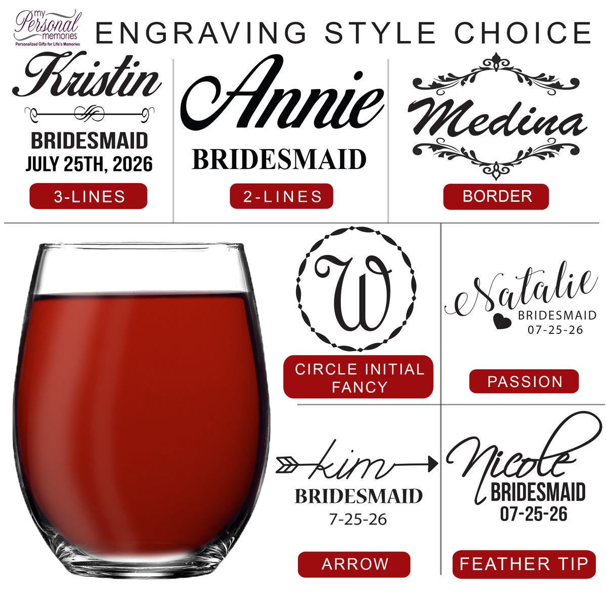 Monogrammed Personalized Stemless Wine Glasses for Bridesmaid