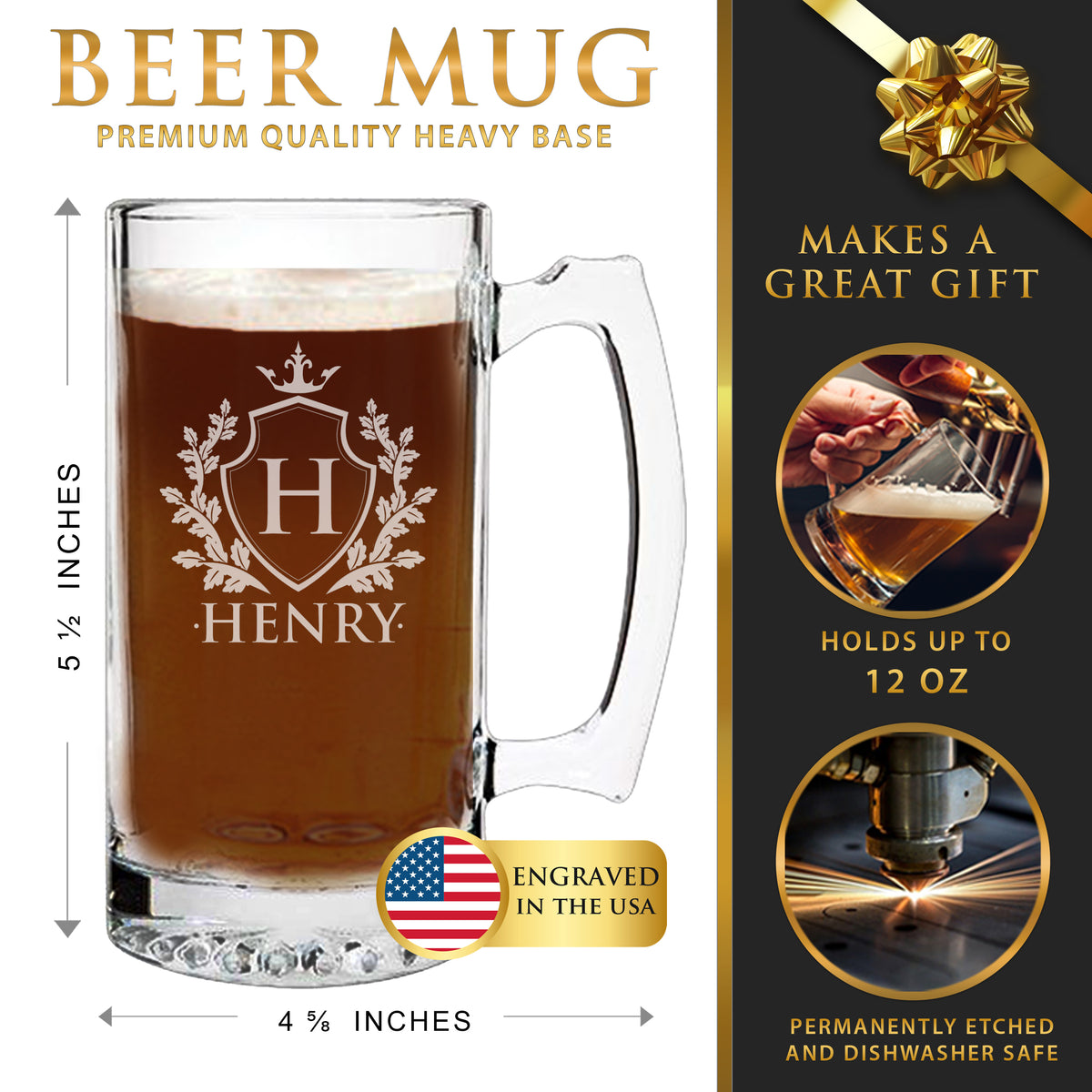 Personalized 12 oz Beer Mug – Custom Engraved Beer Glass with Name for Birthday, Christmas or Father's Day Gift