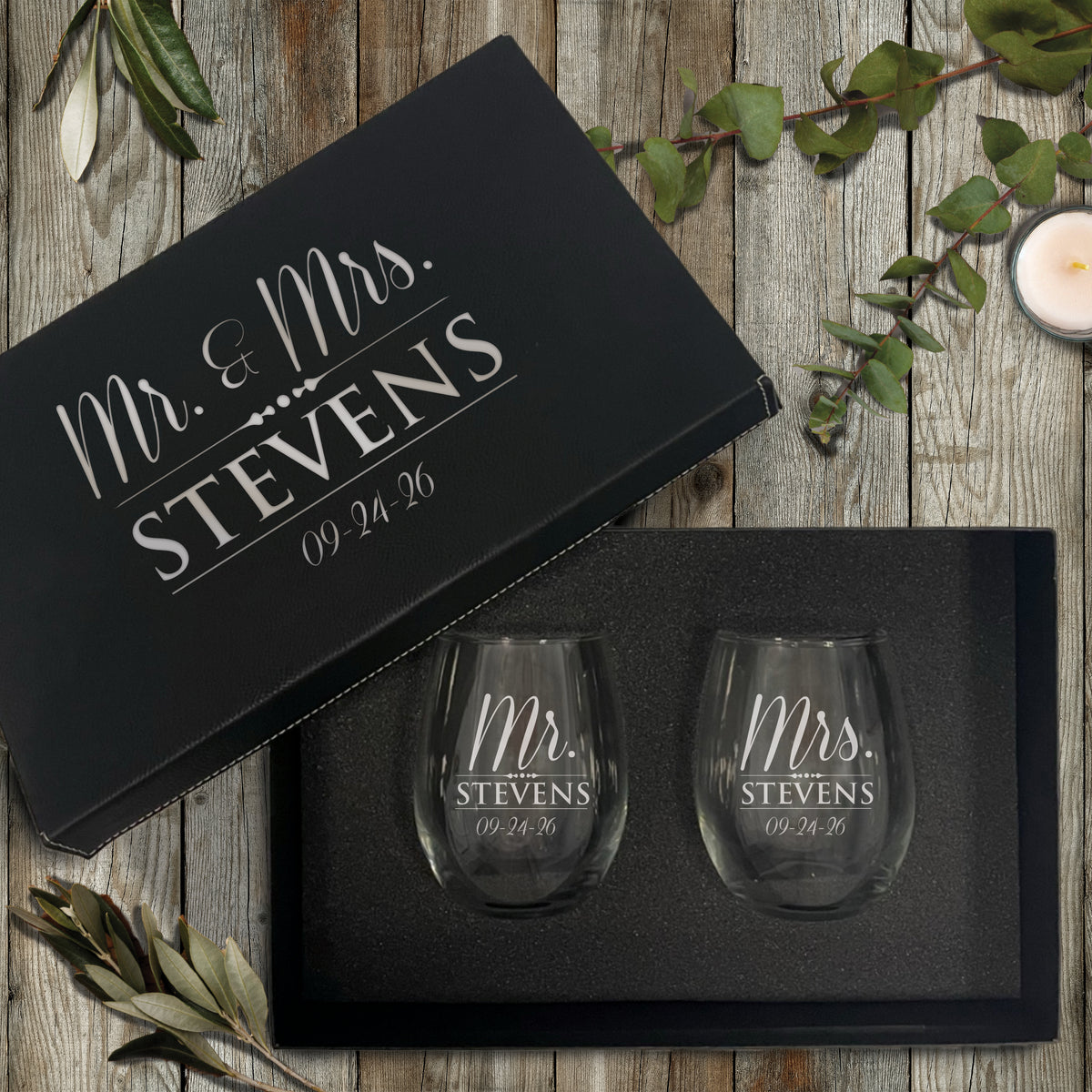 Personalized Mr. & Mrs. Stemless Wine Glasses – Set of 2 Custom Engraved Wedding or Anniversary Gift for Couples
