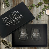 Personalized Mr. & Mrs. Stemless Wine Glasses – Set of 2 Custom Engraved Wedding or Anniversary Gift for Couples