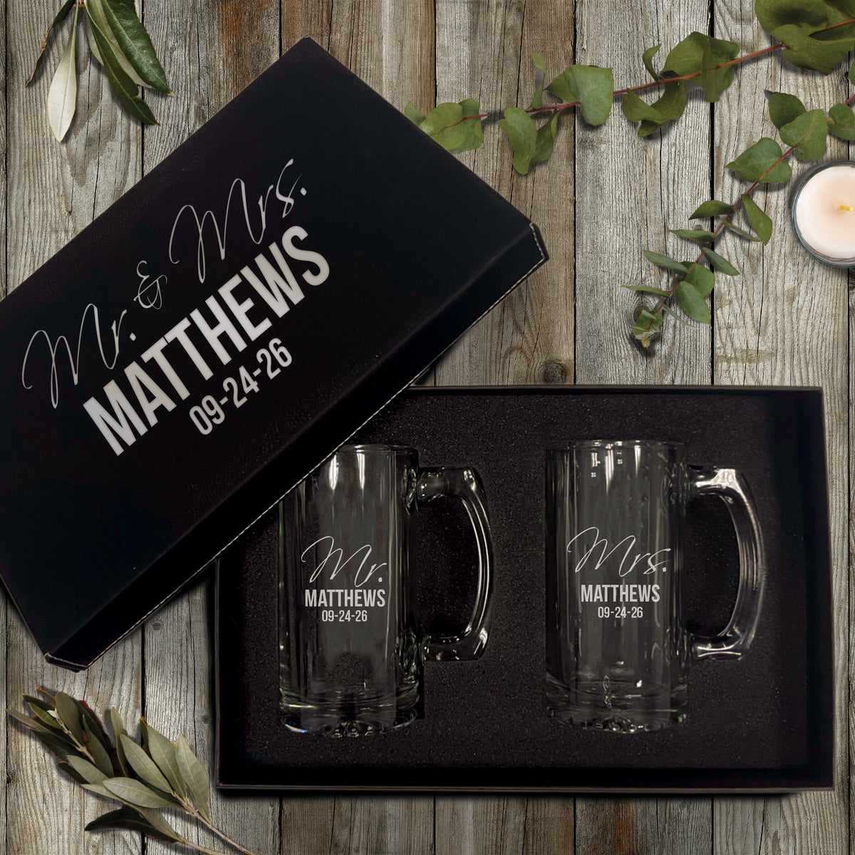 Personalized Mr. & Mrs. Beer Mugs – Set of 2 Custom Engraved 12 oz Beer Glasses for Couples, Wedding or Anniversary Gift