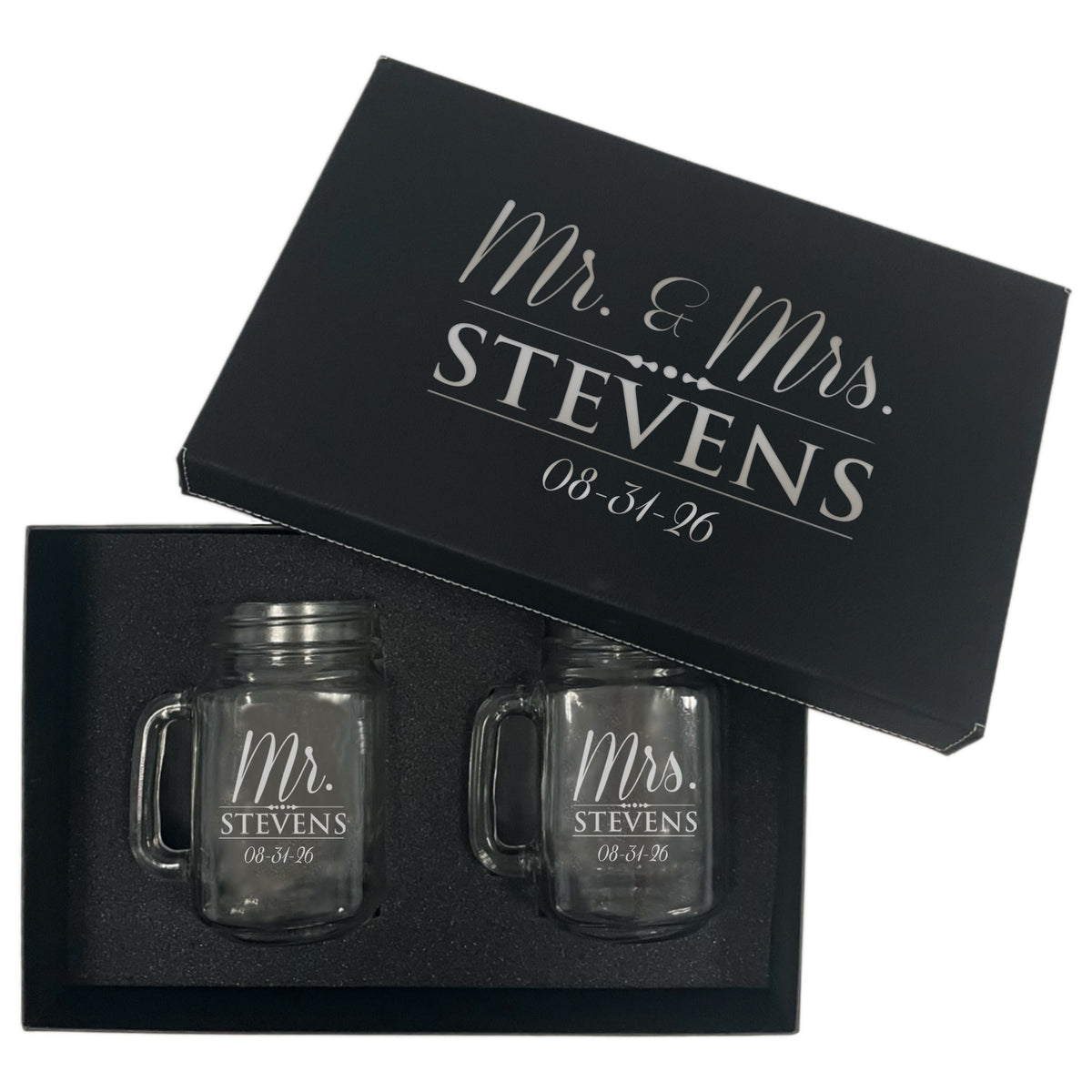 Personalized Mr. & Mrs. Mason Jar Glasses – Set of 2 Custom Engraved Drinking Jars for Couples, Wedding or Anniversary Gift