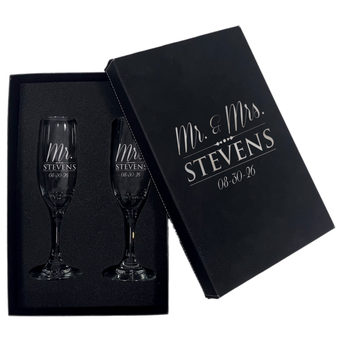 Set of 2 Mr and Mrs Personalized Champagne Wedding Toasting Flute Glasses - Engraved, Etched, Monogrammed, Customized