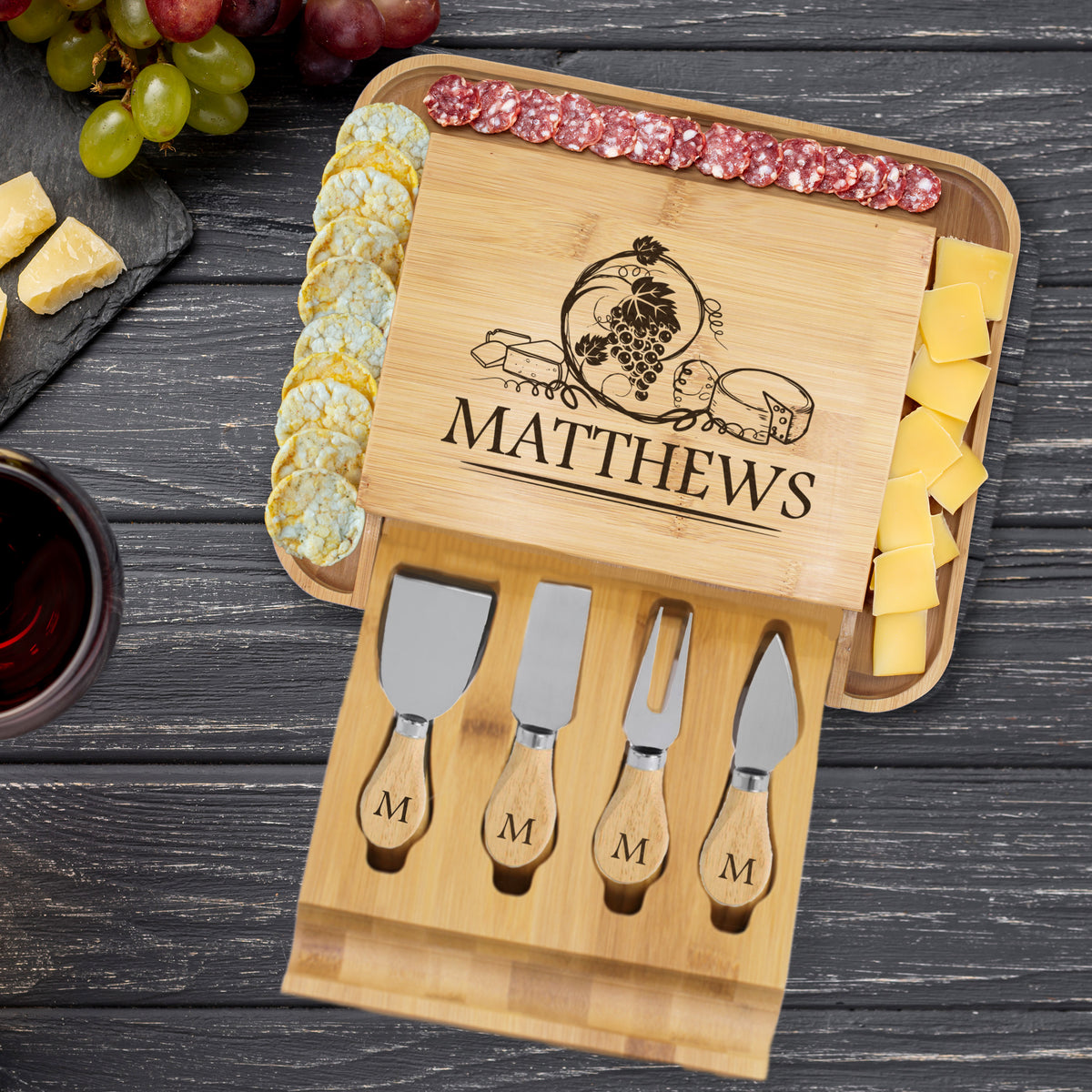 Personalized Charcuterie Cheese and Meat Serving Board Platter with Tools - Wine Grapes Design