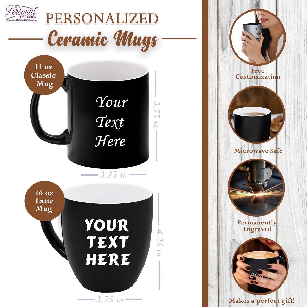 Custom Engraved Latte Coffee Mug and Personalized Tea Cup With Your Text