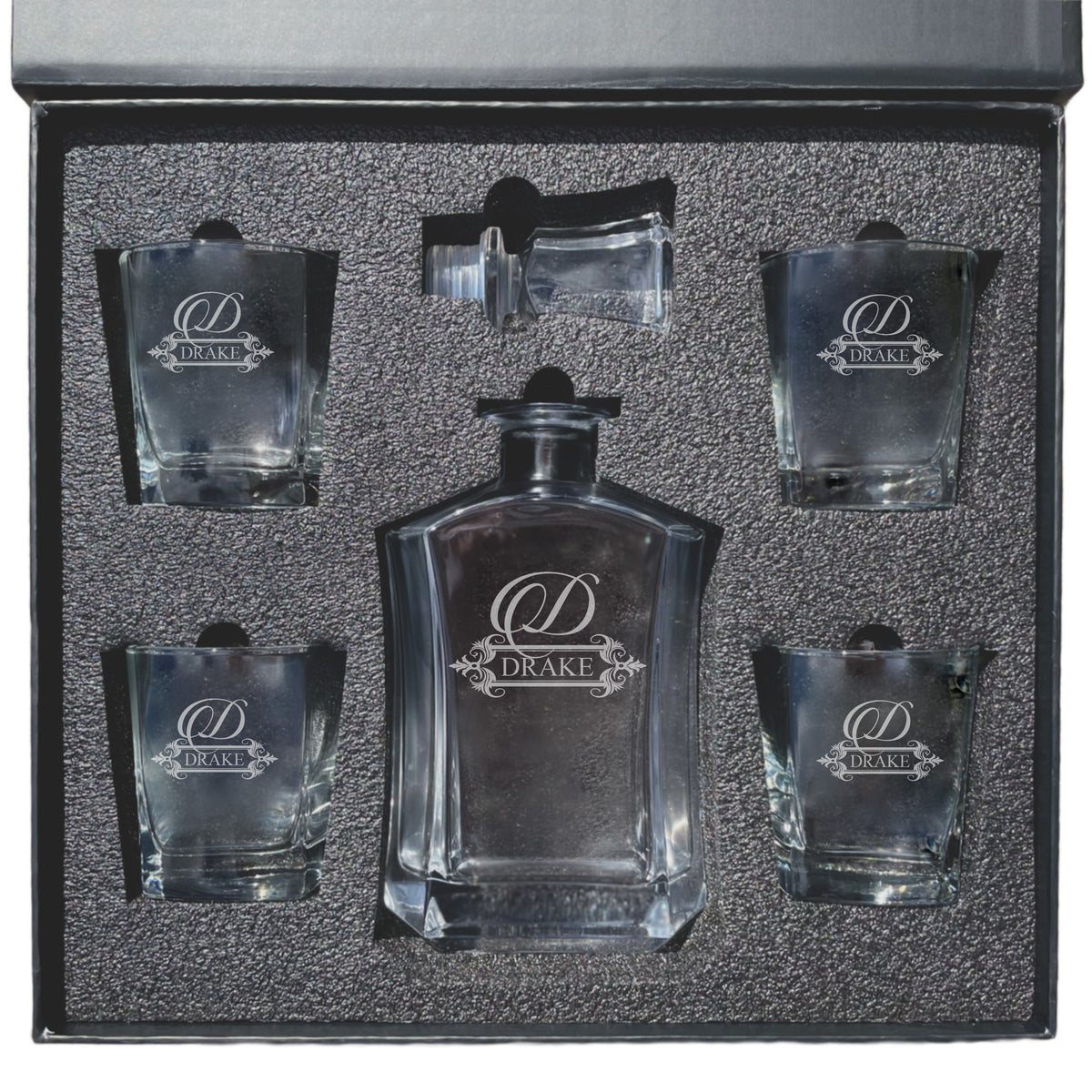 Personalized Whiskey Decanter Set with Glasses and Gift Box Set - Fancy Design