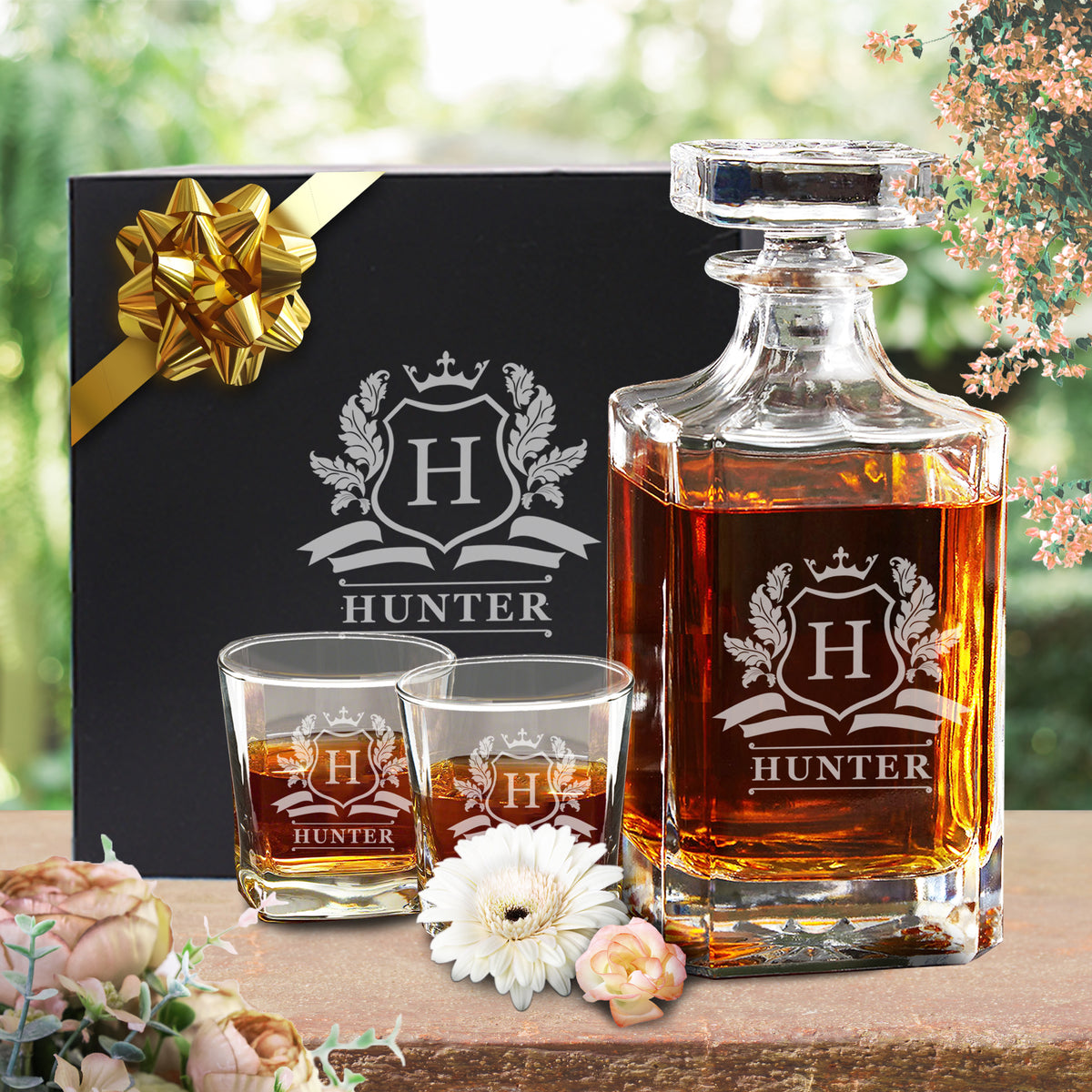 Personalized Whiskey Decanter Set – Custom Engraved Glass Decanter Gift for Men, Birthday - Cavalier Design