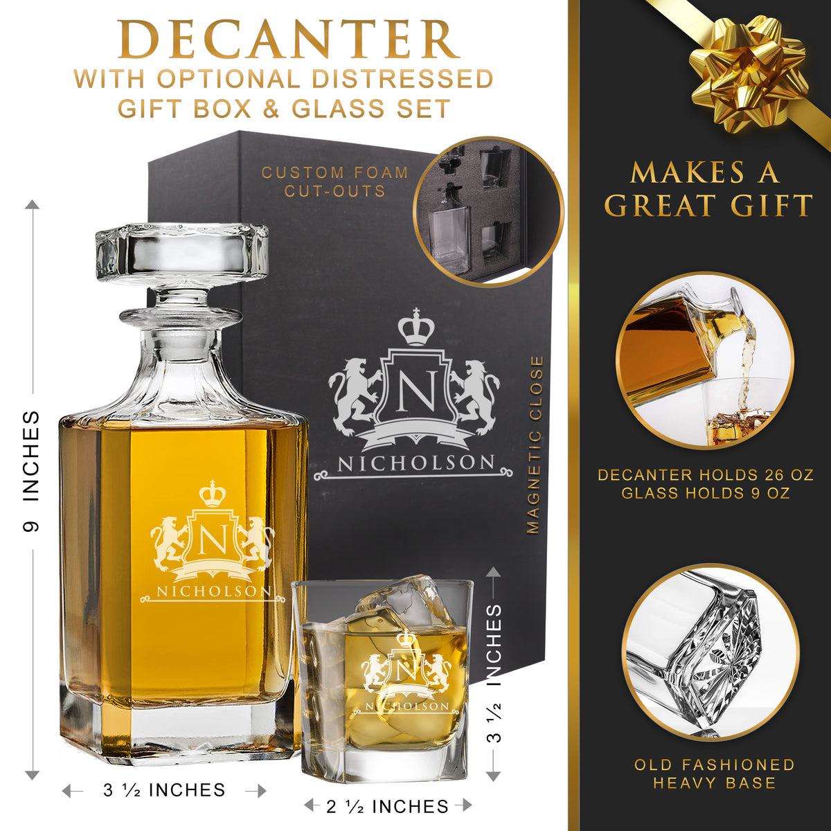 Personalized Whiskey Decanter Set – Custom Engraved Glass Decanter Gift for Men, Birthday - Lion Design