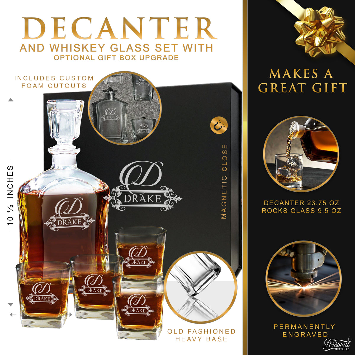 Personalized Whiskey Decanter Set with Glasses and Gift Box Set - Fancy Design