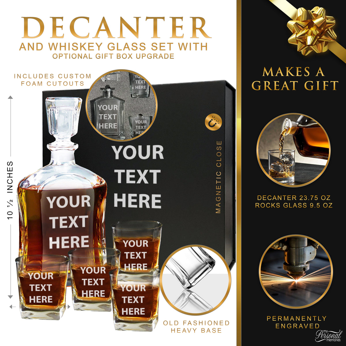 Personalized Whiskey Decanter Set with Glasses and Gift Box Set - Any Text