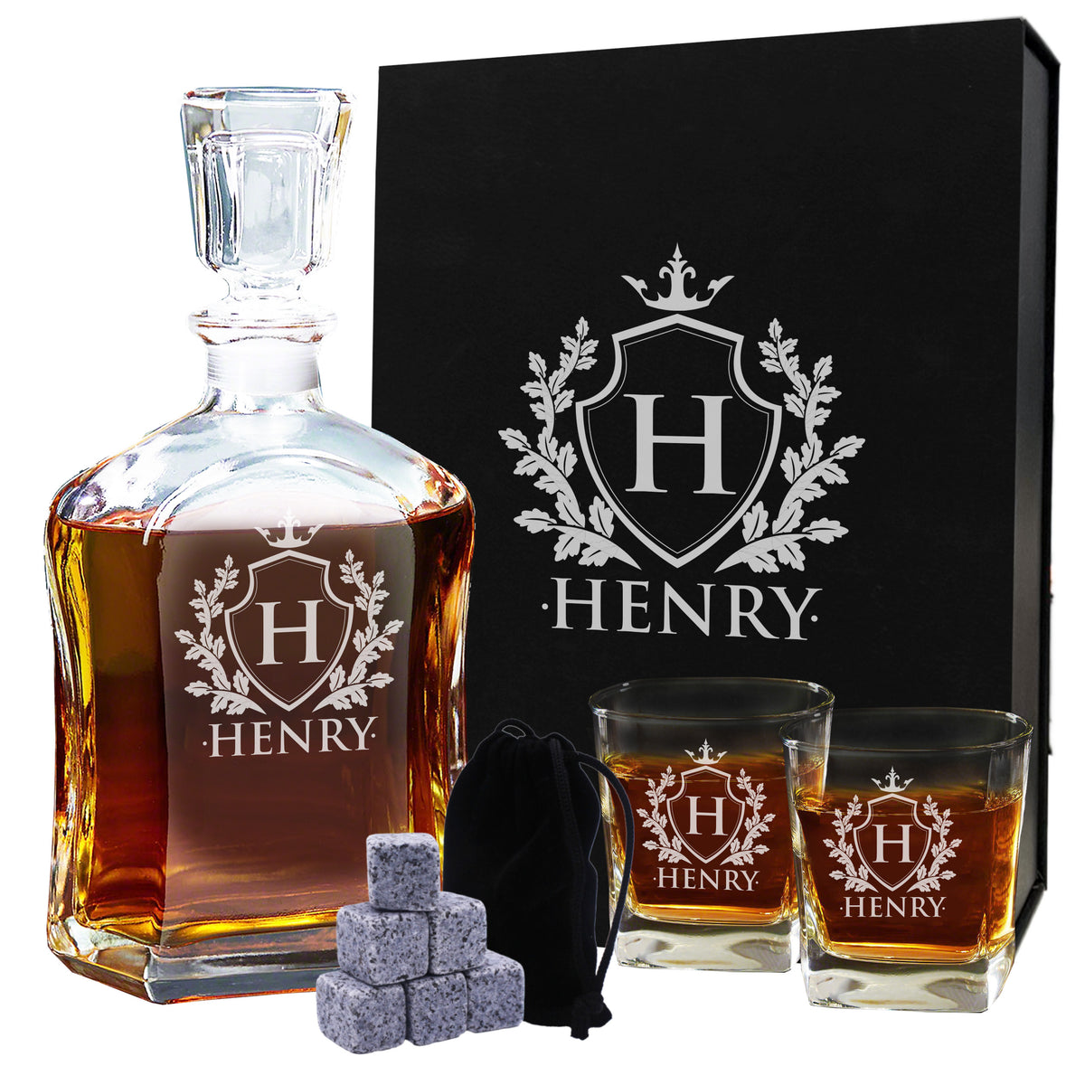 Personalized Whiskey Decanter Set with Glasses and Gift Box Set - Shield Design