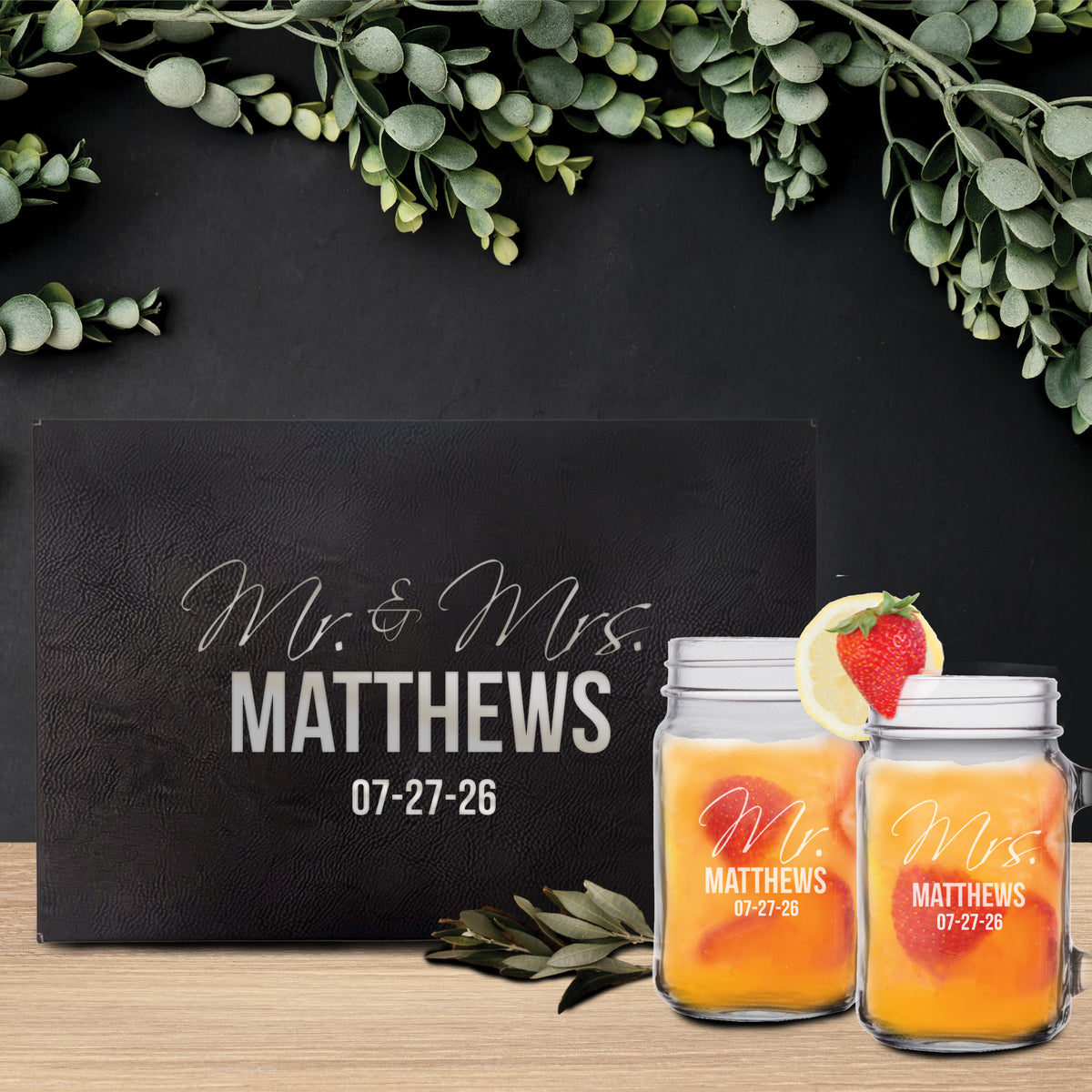 Personalized Mr. & Mrs. Mason Jar Glasses – Set of 2 Custom Engraved Drinking Jars for Couples, Wedding or Anniversary Gift