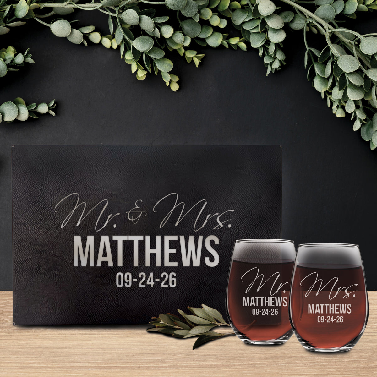 Personalized Mr. & Mrs. Stemless Wine Glasses – Set of 2 Custom Engraved Wedding or Anniversary Gift for Couples
