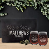Personalized Mr. & Mrs. Stemless Wine Glasses – Set of 2 Custom Engraved Wedding or Anniversary Gift for Couples