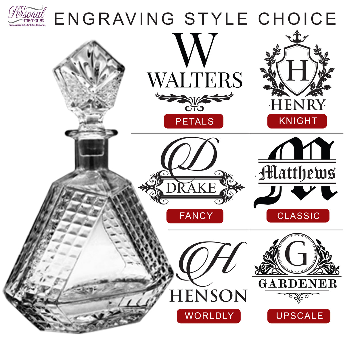 Personalized Scotch Whiskey Bourbon Glass 23 oz Decanter and 2 Glasses - Custom Engraved - Triangle Shape