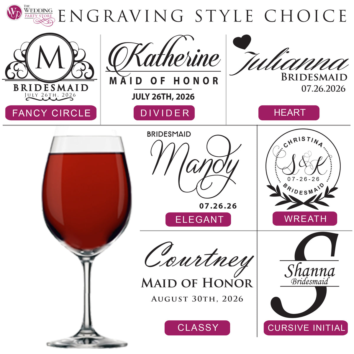 Personalized Bridesmaids Wedding Party Wine Glasses with Stem