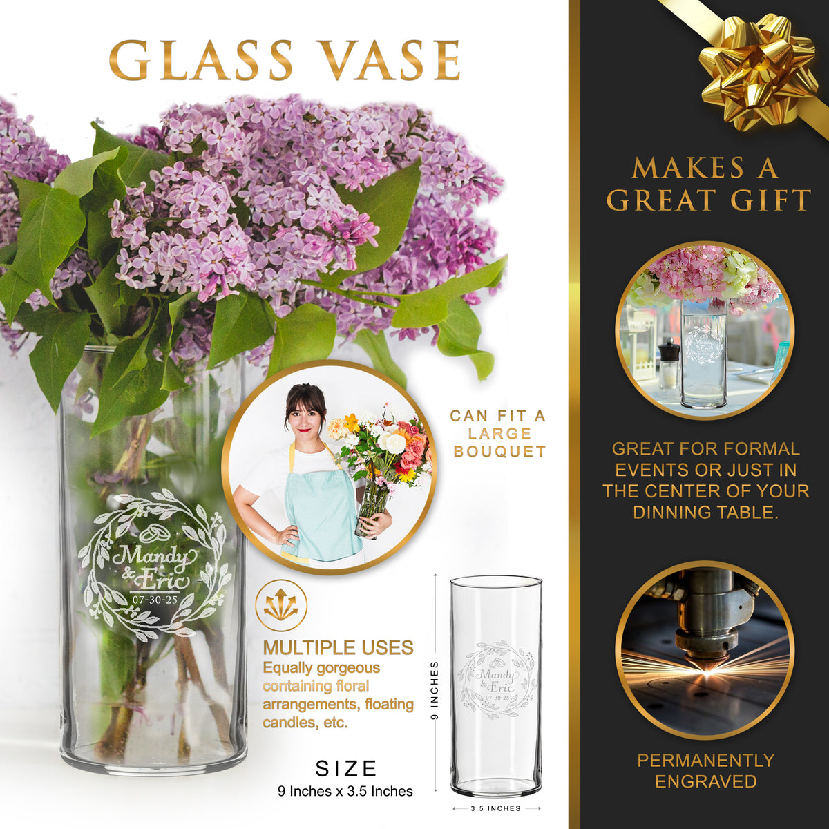 Personalized Glass Flower Vase – Custom Etched & Engraved Vase with Your Text for Wedding, Anniversary or Couple Gifts