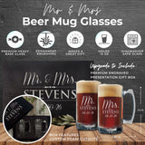 Personalized Mr. & Mrs. Beer Mugs – Set of 2 Custom Engraved 12 oz Beer Glasses for Couples, Wedding or Anniversary Gift