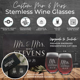 Personalized Mr. & Mrs. Stemless Wine Glasses – Set of 2 Custom Engraved Wedding or Anniversary Gift for Couples
