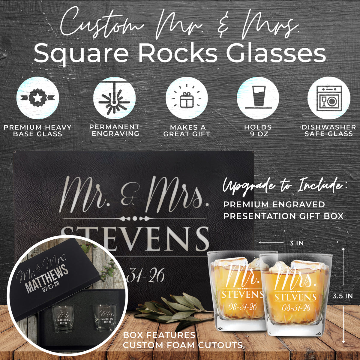 Personalized Mr. & Mrs. Whiskey Rocks Glasses – Set of 2 Custom Engraved Glasses for Couples, Wedding or Anniversary Gift
