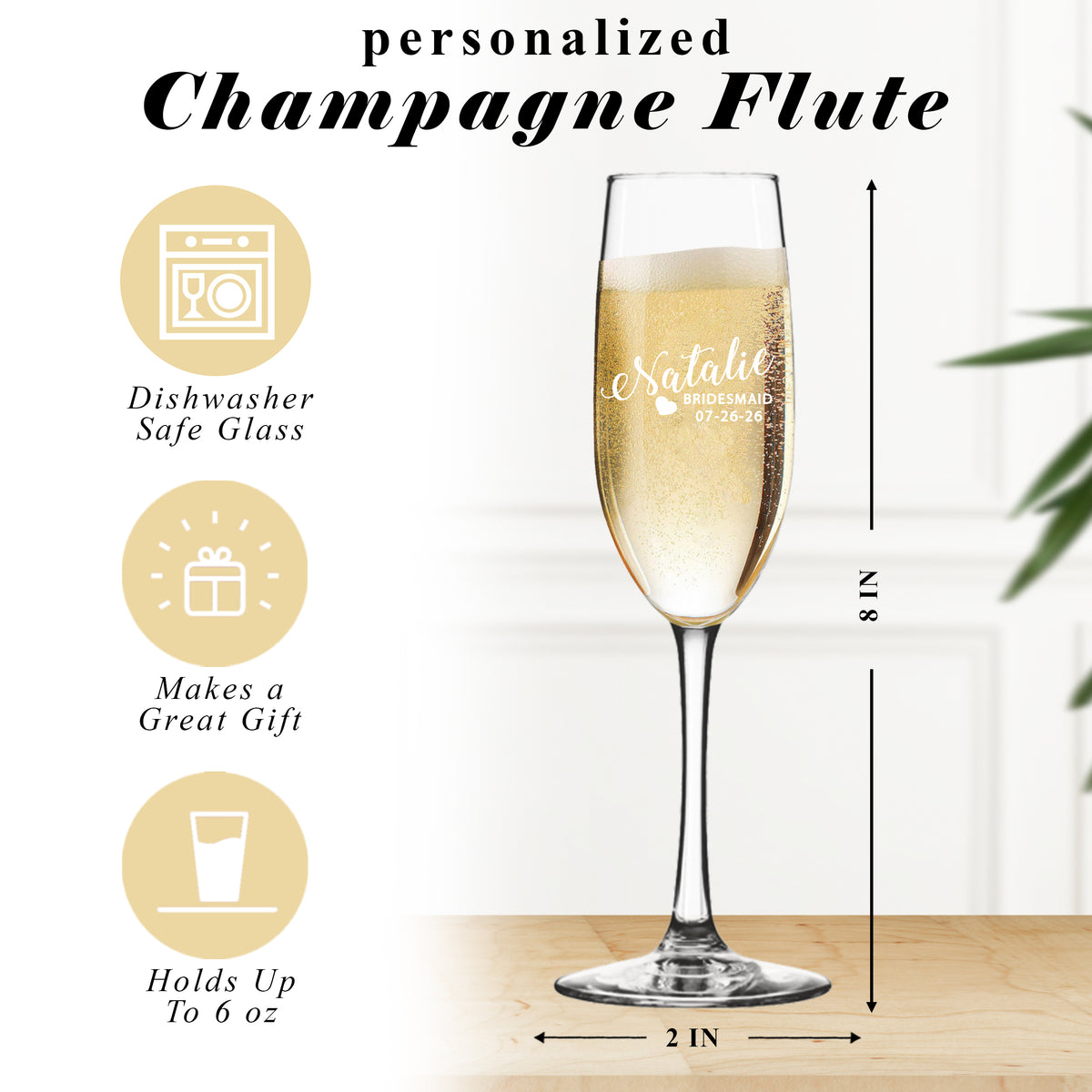Personalized Champagne Flute Glass with Stem - Bridesmaid Wedding Toasting Flutes Glasses