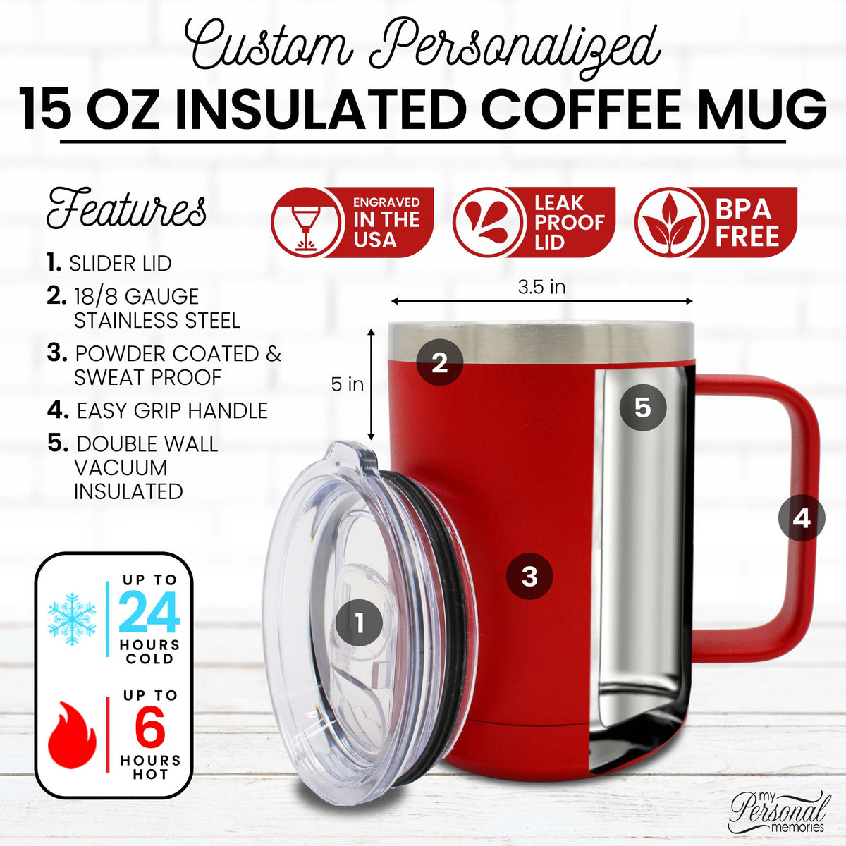 Personalized 15 oz Insulated Travel Coffee Mug with Handle & Lid – Custom Monogrammed or Engraved Tumbler