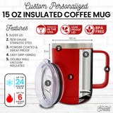 Personalized 15 oz Insulated Travel Coffee Mug with Handle & Lid – Custom Monogrammed or Engraved Tumbler