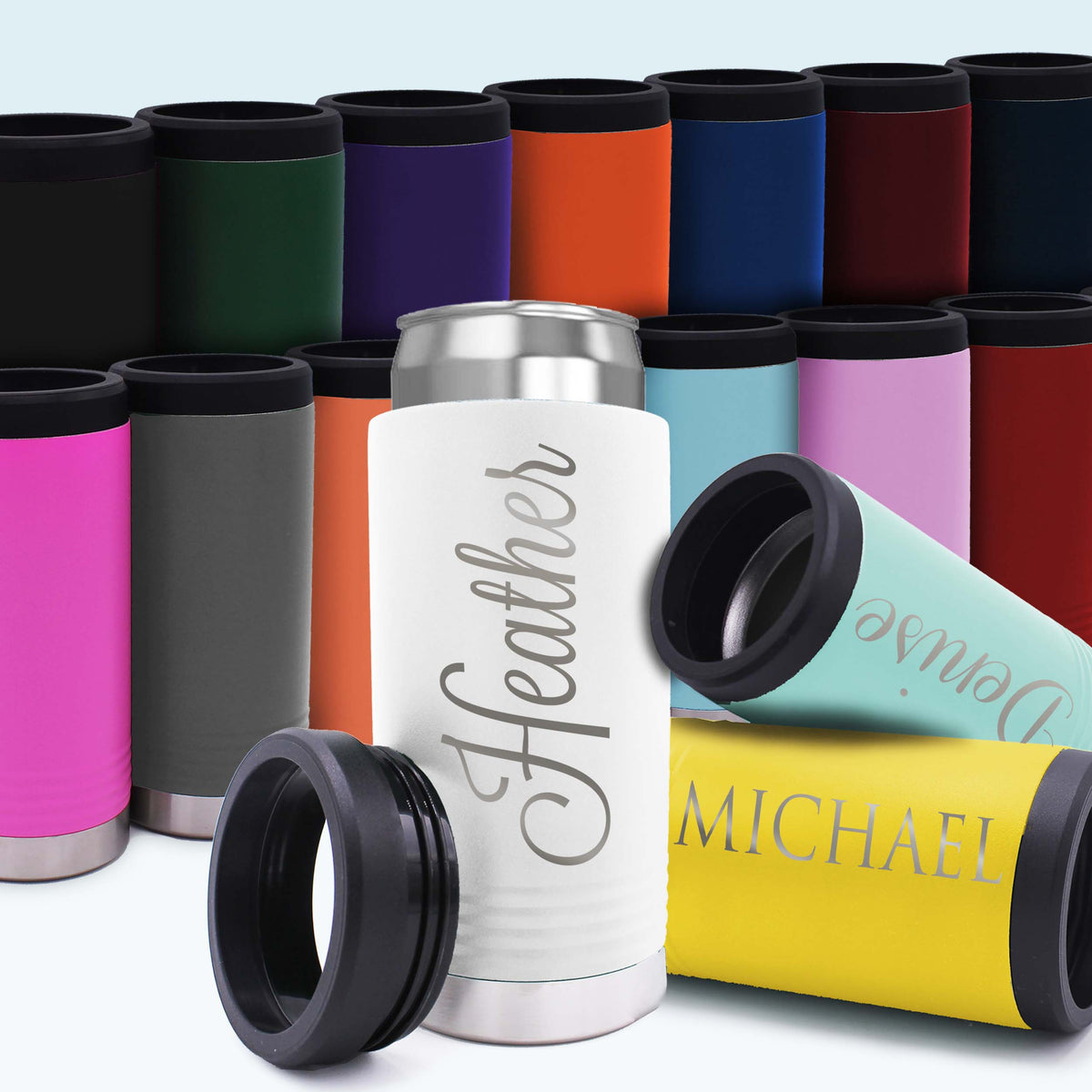 Personalized 12 oz Stainless Steel Insulated Skinny Can Cooler Drink Holder for Slim Beer and Hard Seltzer - Customized with Any Text