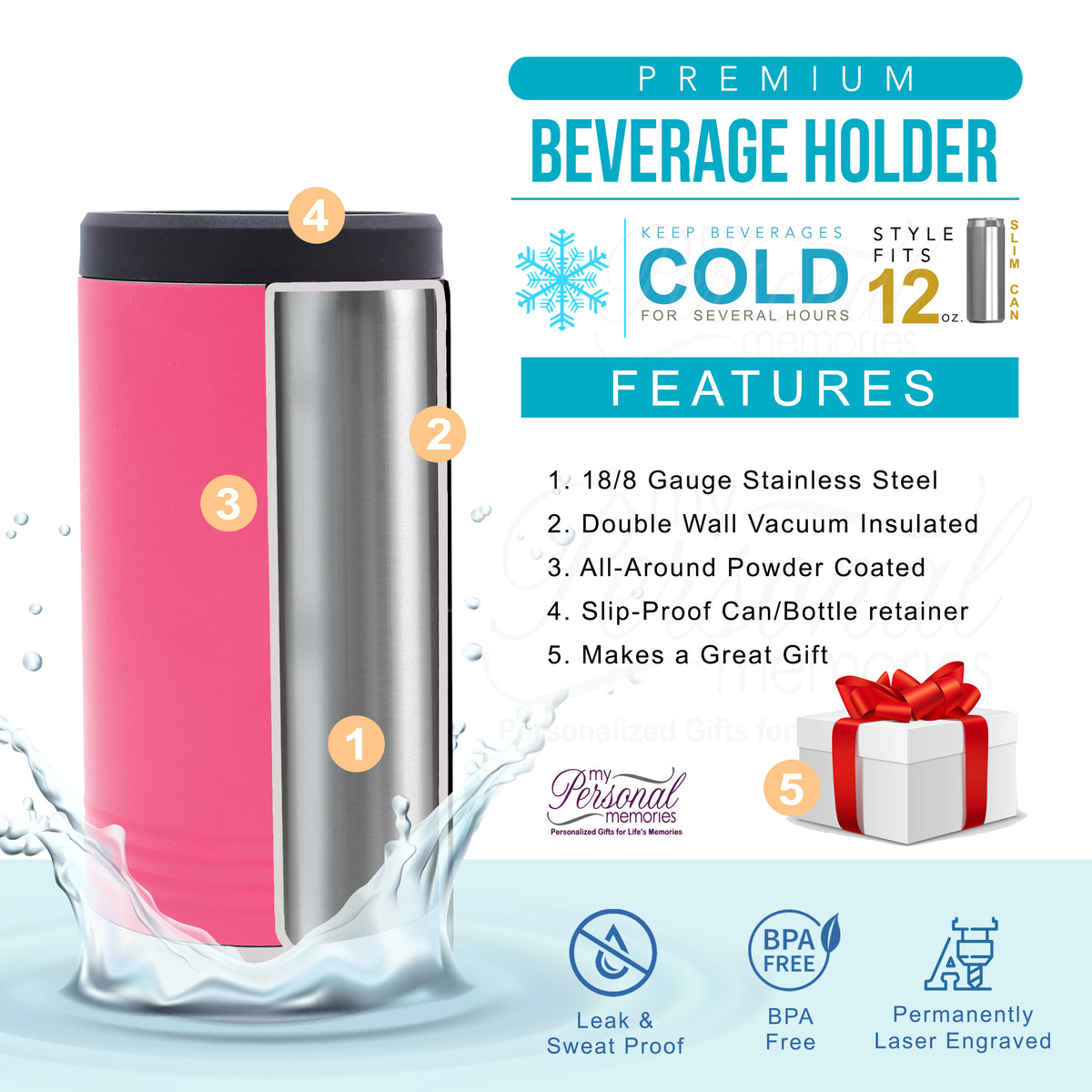Personalized 12 oz Stainless Steel Insulated Skinny Can Cooler Drink Holder for Slim Beer and Hard Seltzer - Customized with Any Text