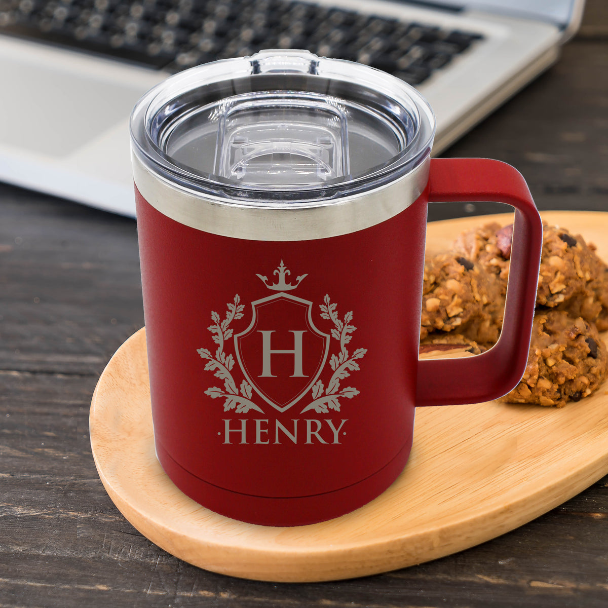Personalized 15 oz Insulated Travel Coffee Mug with Handle & Lid – Custom Engraved To Go Tumbler
