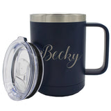 Personalized 15 oz Insulated Travel Coffee Mug with Handle & Lid – Custom Engraved To Go Tumbler