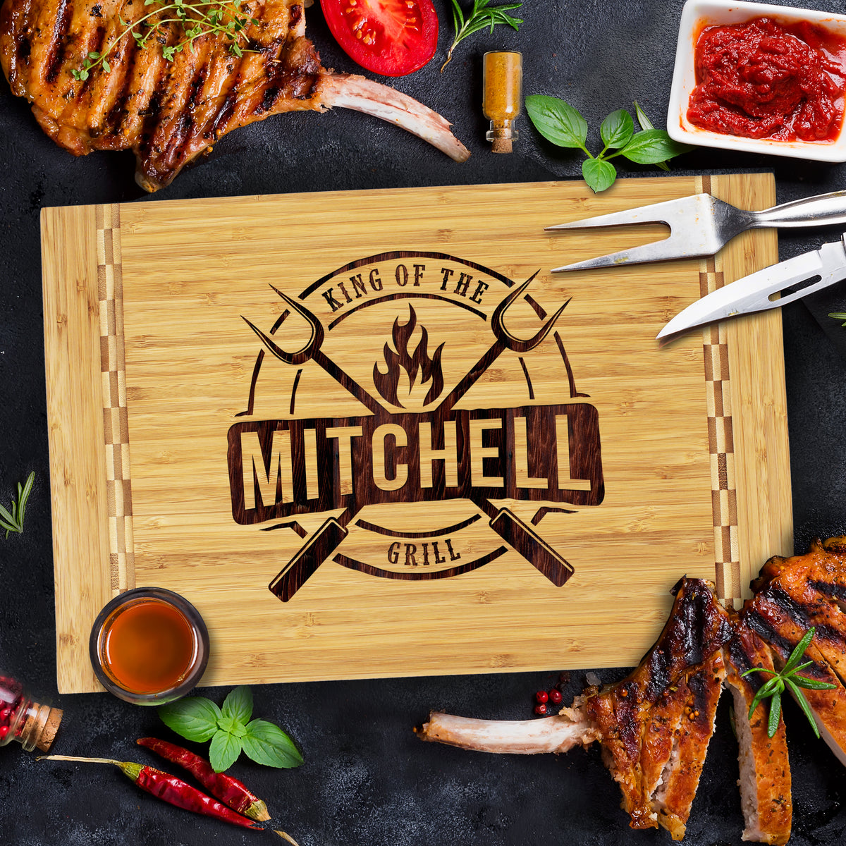 Customized King of the Grill BBQ Bamboo Deluxe Cutting, Carving and Slicing Board