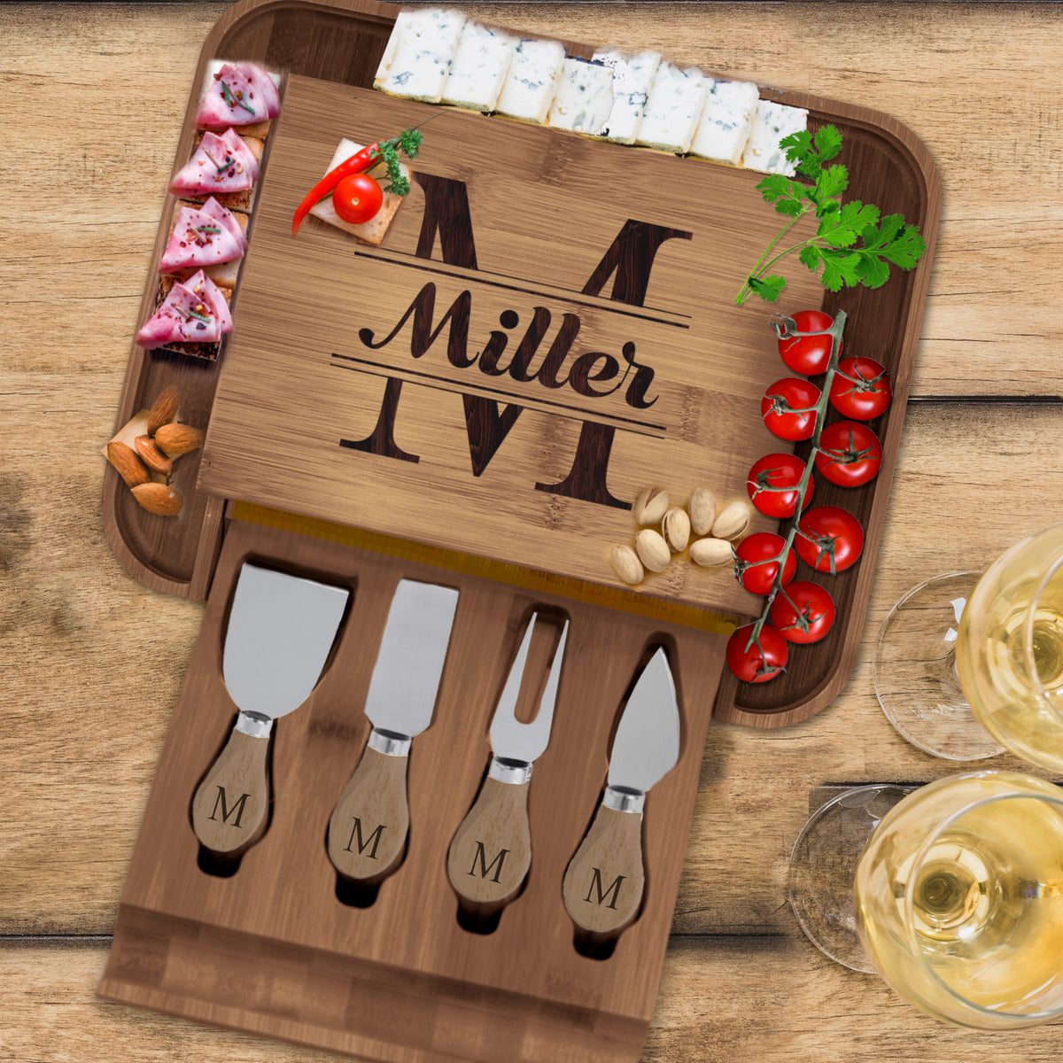 Personalized Premium Charcuterie Cheese Board Tray Set with Spreader Utensil Tools with Any Name