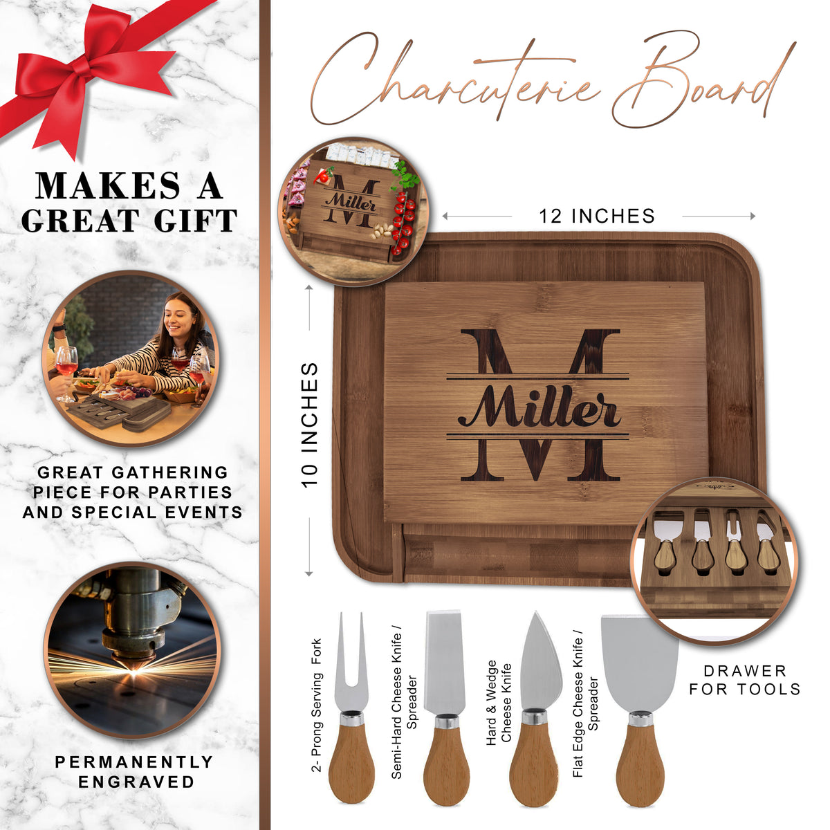 Personalized Premium Charcuterie Cheese Board Tray Set with Spreader Utensil Tools with Any Name