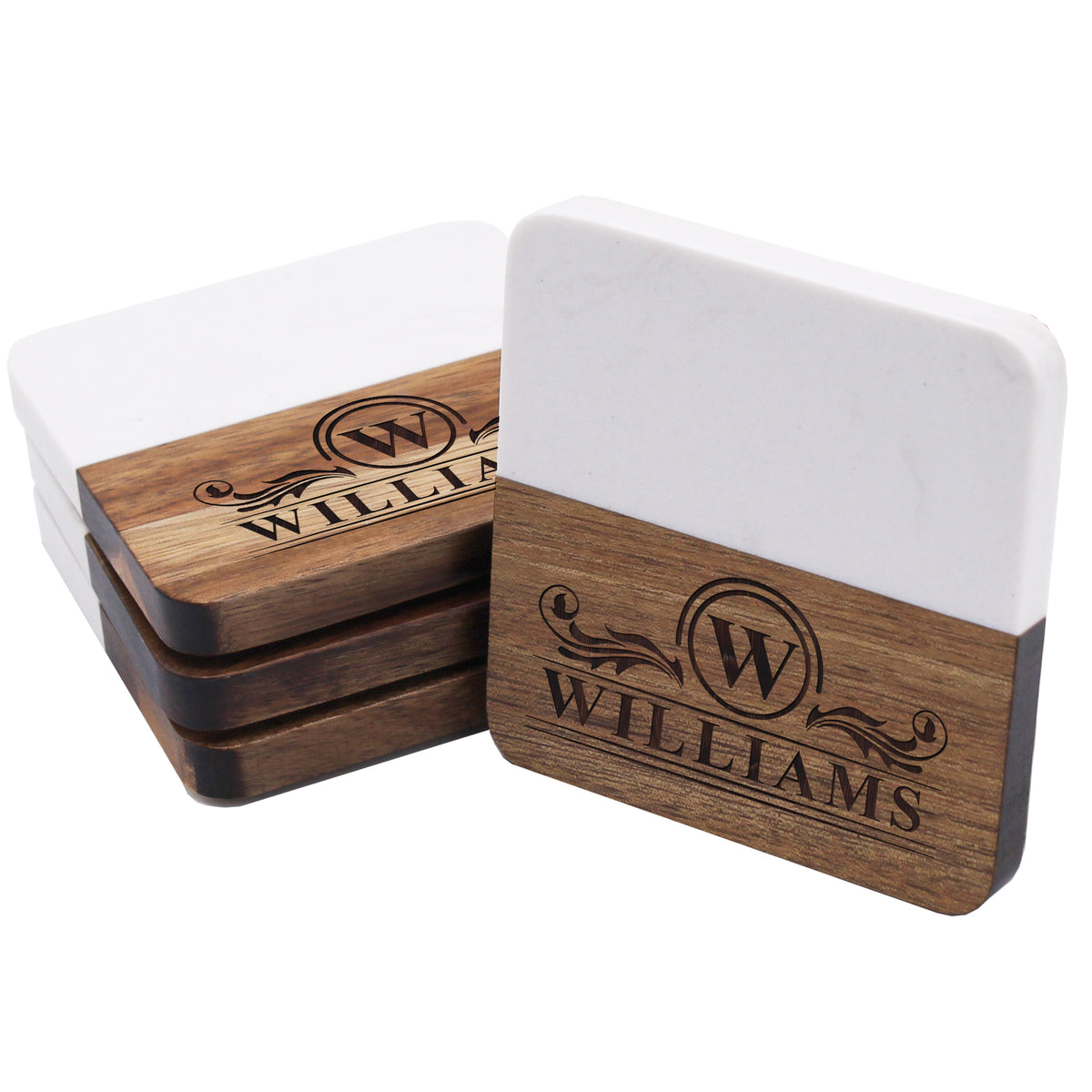 Personalized Marble & Acacia Wood Coasters – Custom Engraved Drink Coasters for Couples, Housewarming or Wedding Gift