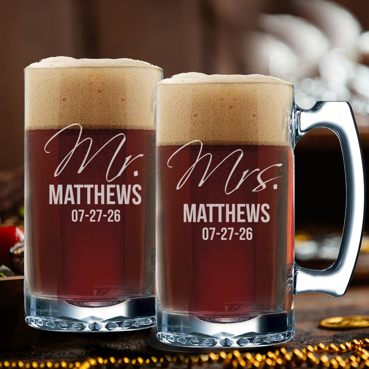 Personalized Mr. & Mrs. Beer Mugs – Set of 2 Custom Engraved 12 oz Beer Glasses for Couples, Wedding or Anniversary Gift