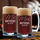 Personalized Mr. & Mrs. Beer Mugs – Set of 2 Custom Engraved 12 oz Beer Glasses for Couples, Wedding or Anniversary Gift
