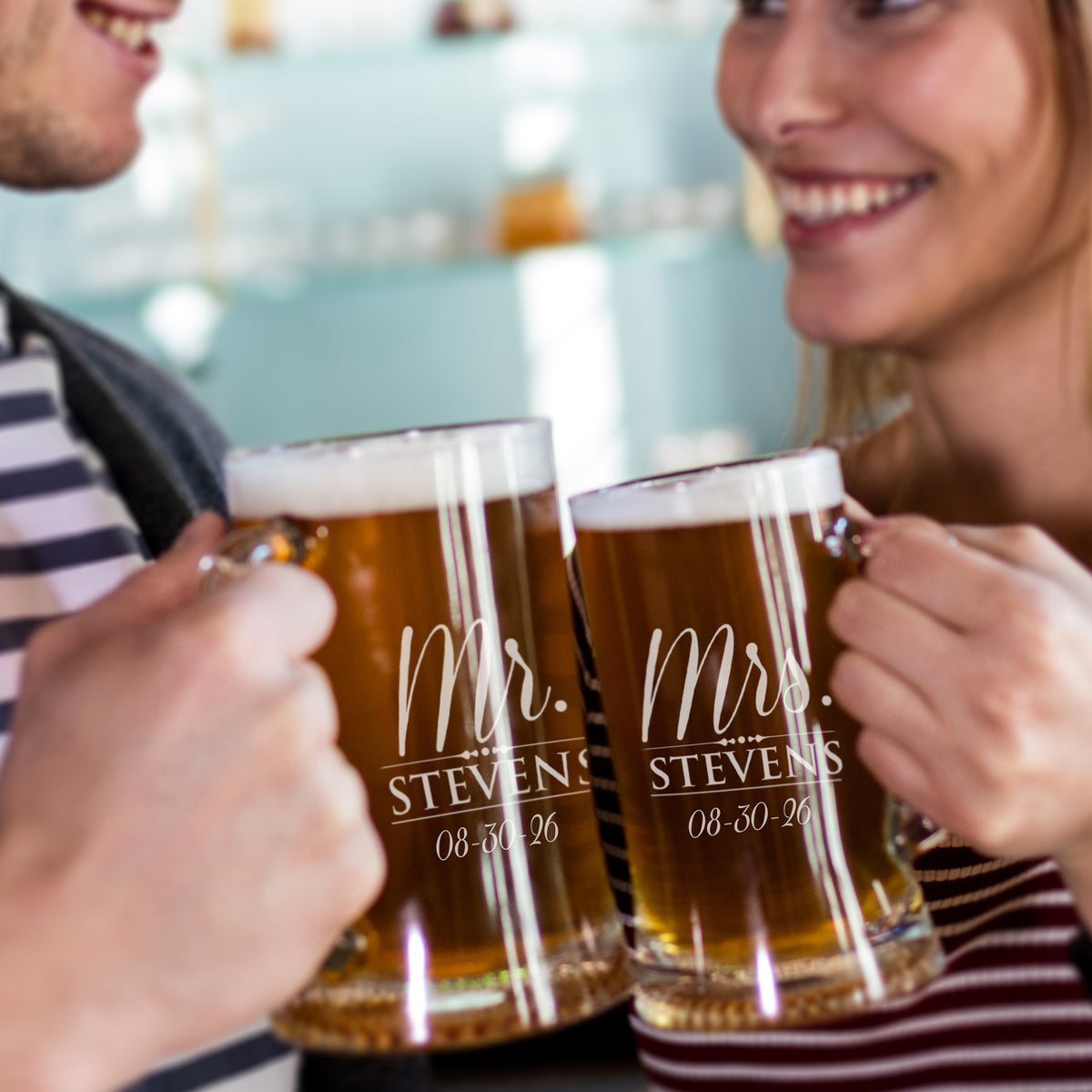 Personalized Mr. & Mrs. Beer Mugs – Set of 2 Custom Engraved 12 oz Beer Glasses for Couples, Wedding or Anniversary Gift