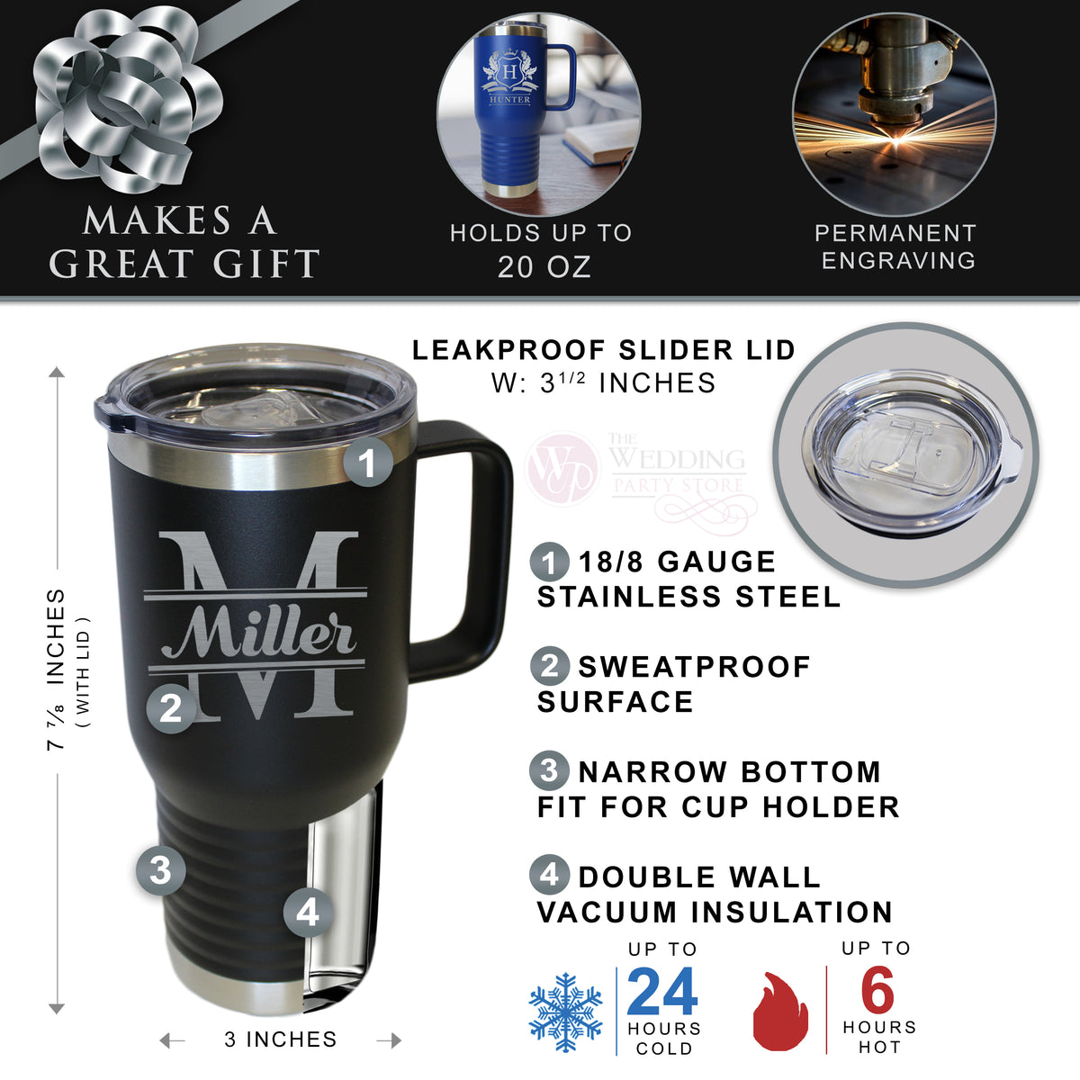 Custom Personalized 20 oz Stainless Steel Powder Coated Vacuum Insulated Double Walled Travel Tumbler Coffee Mug with Handle and Lid