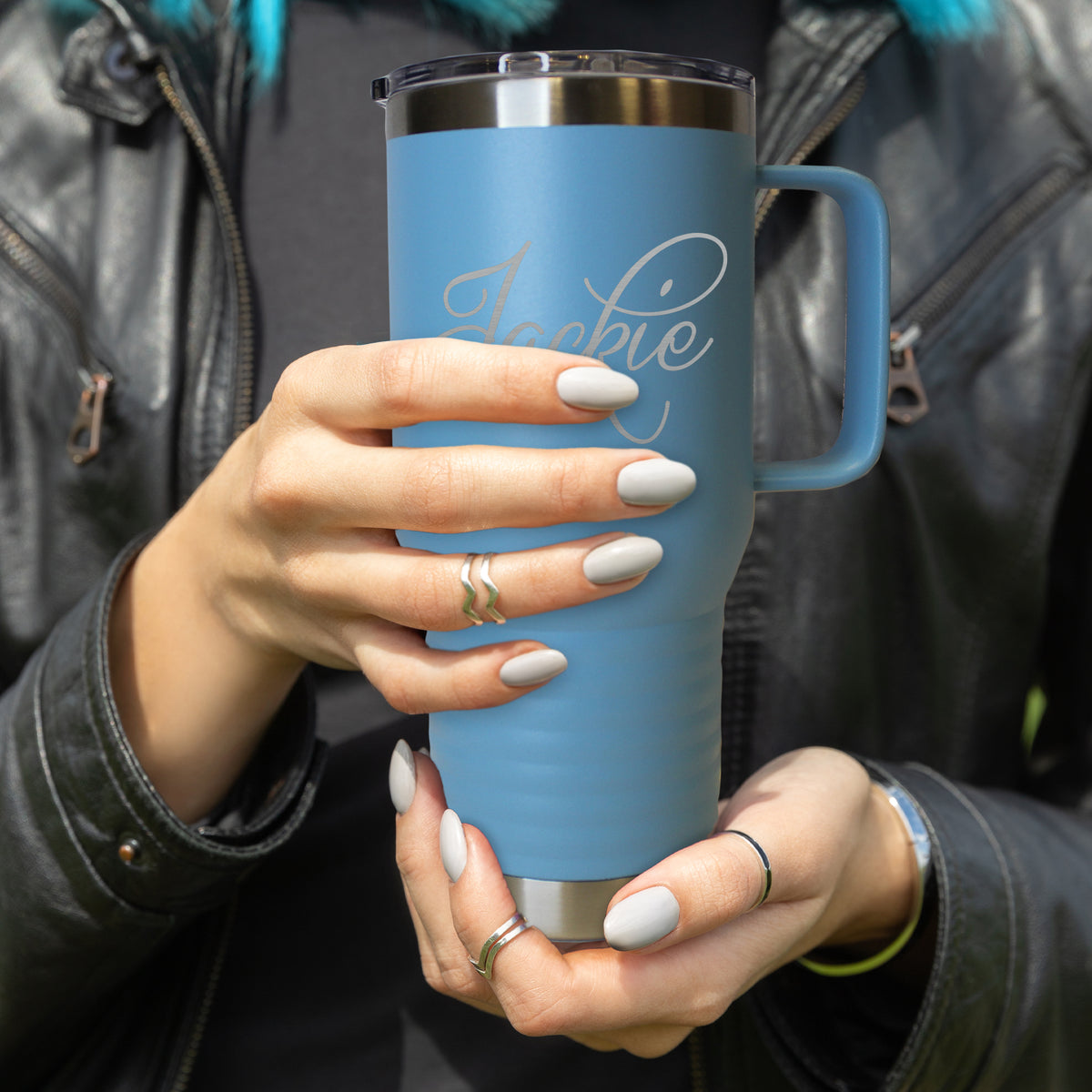 Custom Personalized 20 oz Stainless Steel Powder Coated Vacuum Insulated Double Walled Travel Tumbler Coffee Mug with Handle and Lid