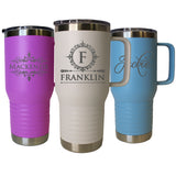 Custom Personalized 20 oz Stainless Steel Powder Coated Vacuum Insulated Double Walled Travel Tumbler Coffee Mug with Handle and Lid