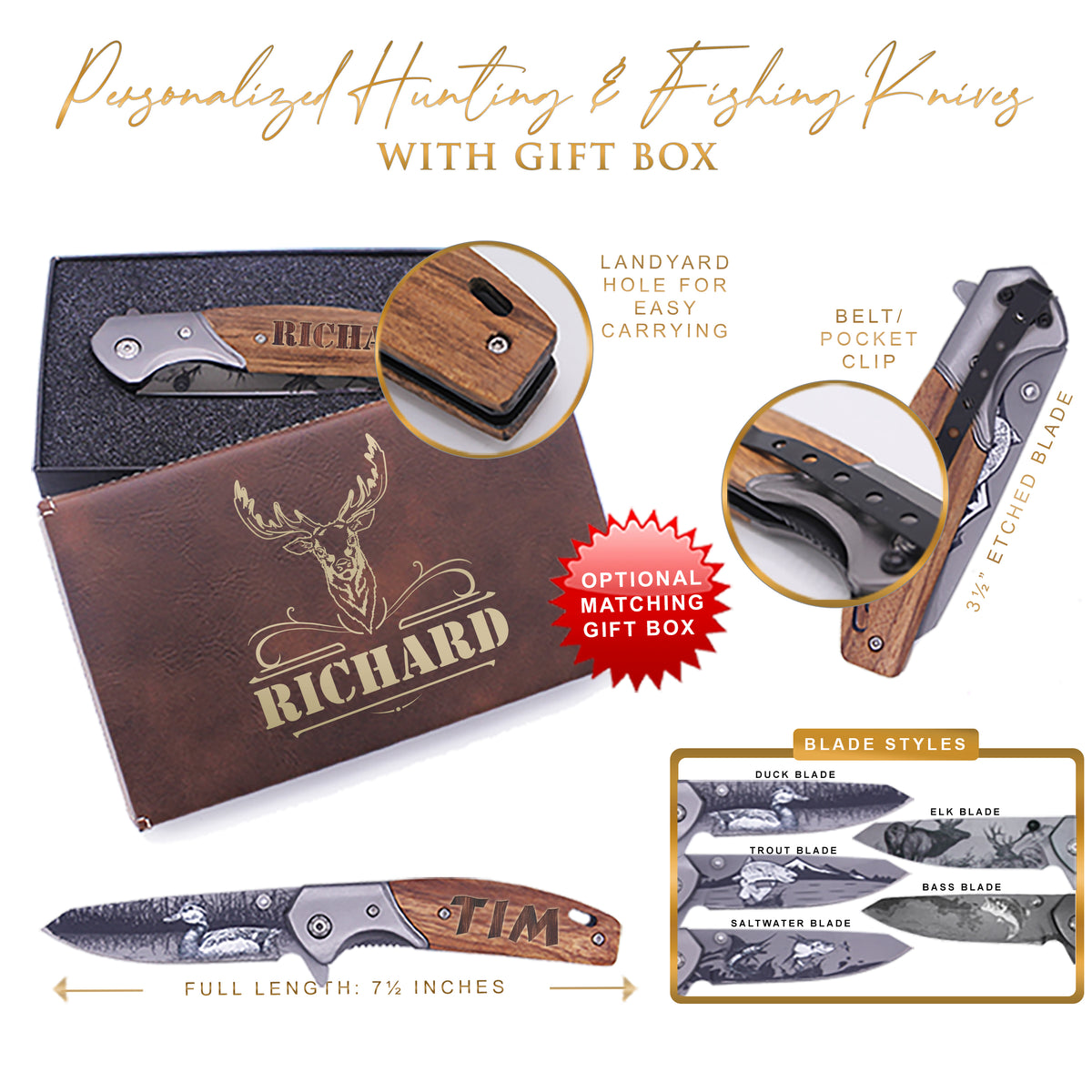 Custom Pocket Knife with Folding Blade - Personalized Hunting Fishing Gift