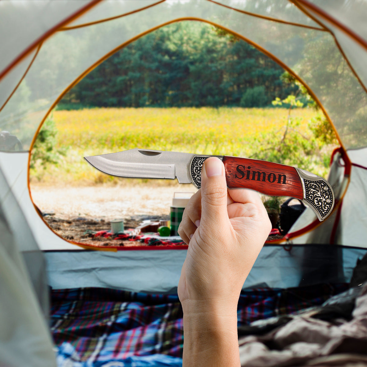 Personalized Rosewood Handle Folding Pocket Knife – Custom Engraved Gift for Him
