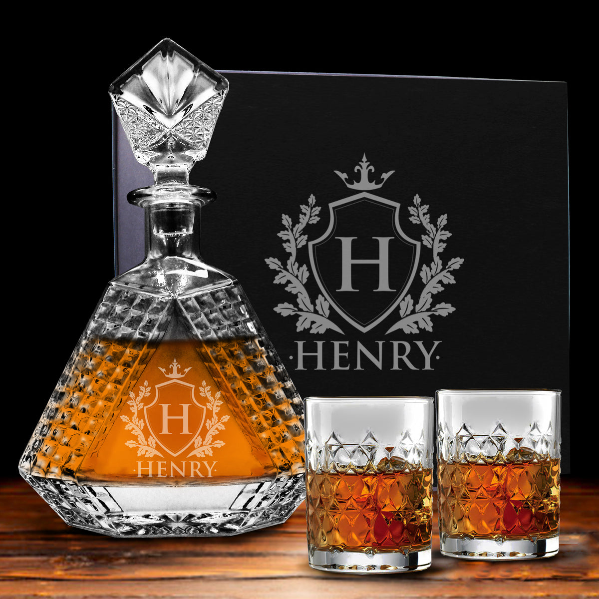 Personalized Scotch Whiskey Bourbon Glass 23 oz Decanter and 2 Glasses - Custom Engraved - Triangle Shape
