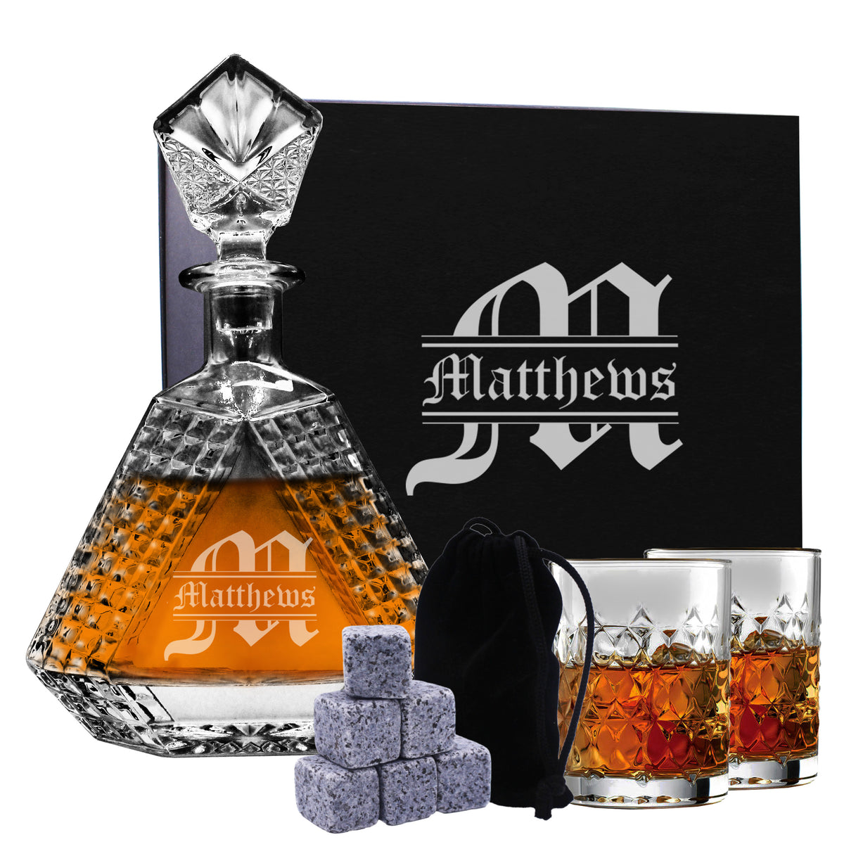 Personalized Scotch Whiskey Bourbon Glass 23 oz Decanter and 2 Glasses - Custom Engraved - Triangle Shape