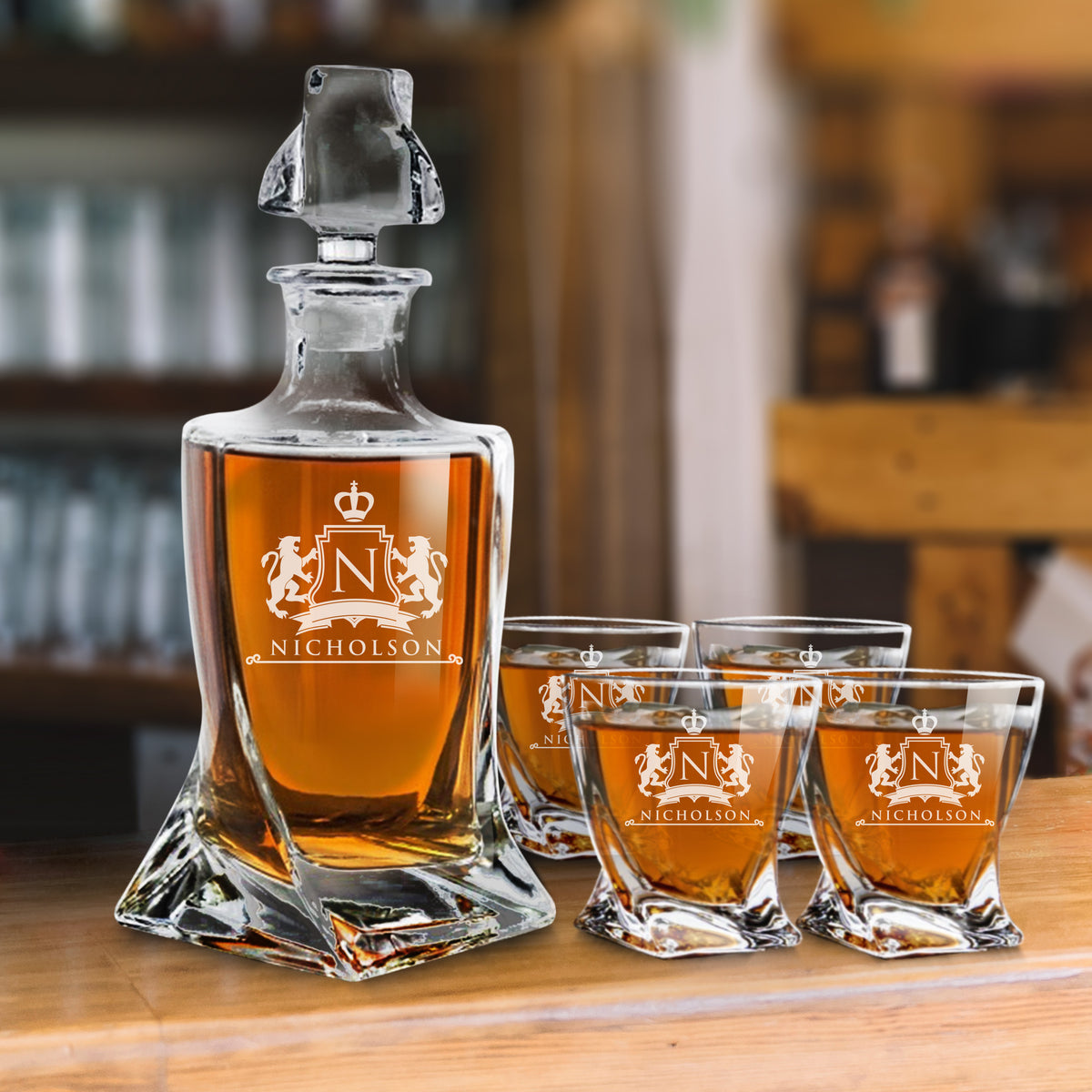 Custom Personalized Twisted Bourbon Whiskey Decanter and Glasses Set - Engraved with any Name