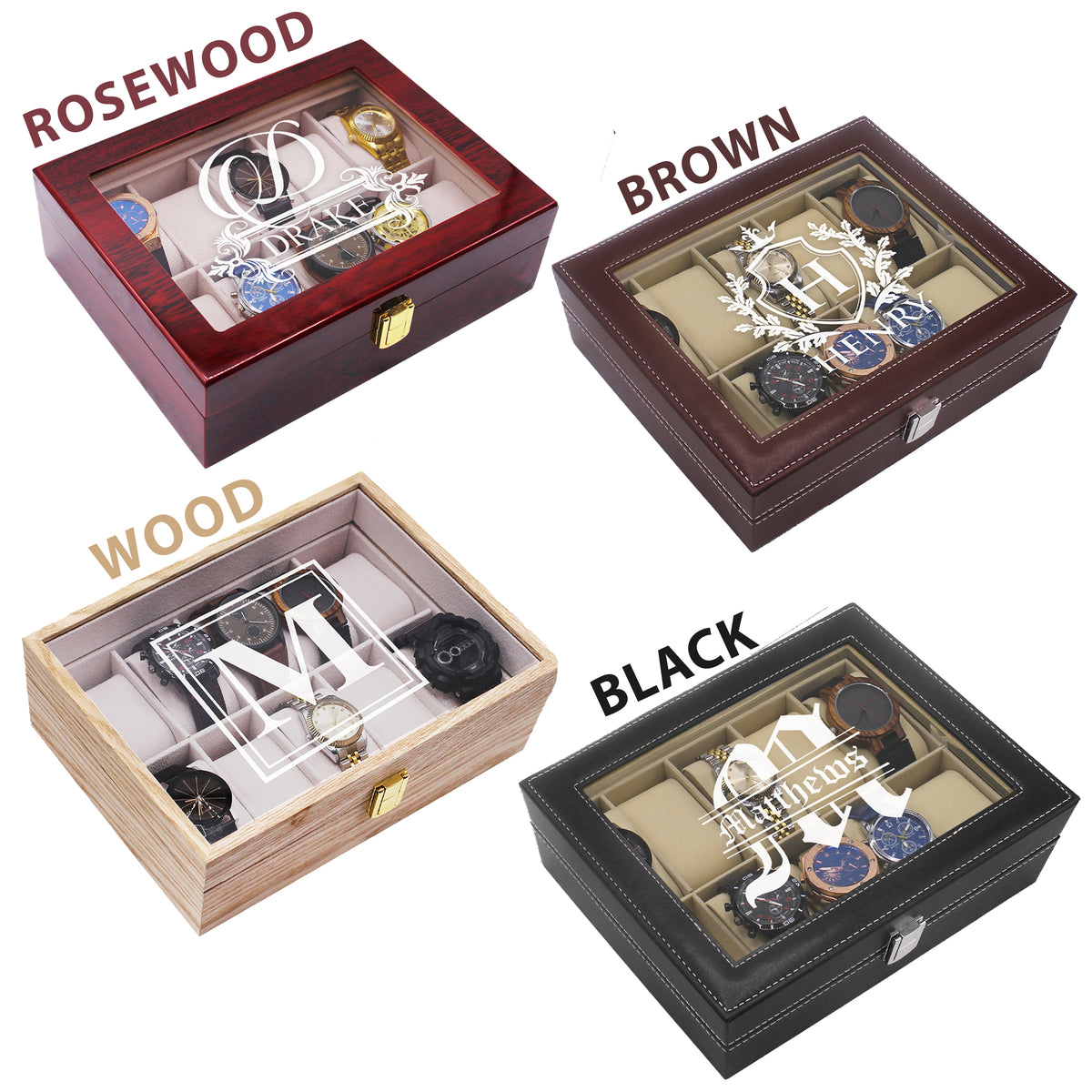 Custom Personalized Watch Storage Box Glass Display Case for Men, Him, Husband - Engraved and Monogrammed